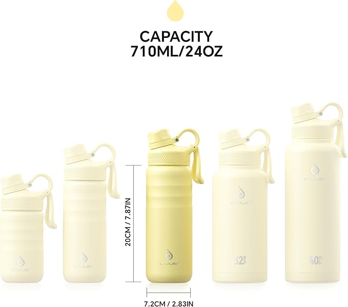 IDEUS Insulated Stainless Steel Water Bottle with 2 Leak-Proof Lids, Thermal Water Flask for Hiking Biking, 24oz, Light Yellow