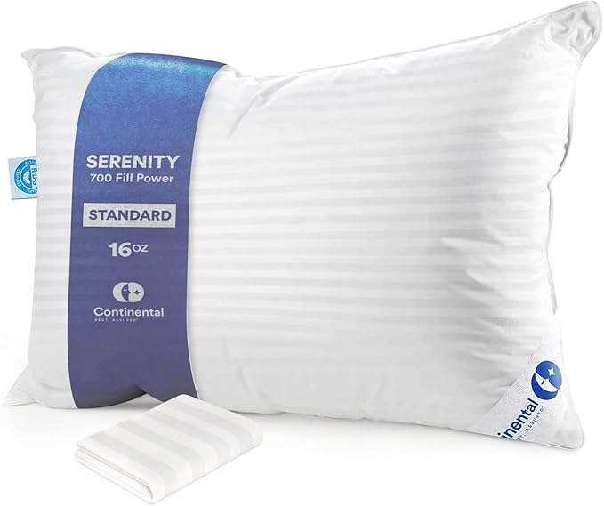 Continental Bedding | Serenity Goose Down Pillow | 700 Fill Power Hungarian White Down | 400TC Cotton Damask Shell | Made in USA | Soft, Standard with Protector
