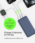 Belkin Portable Charger, USB C Power Bank 20000 mAh w/ 2 USB-A Ports, 15W w/ Type-A to Type-C Cable - iPhone 17, Air, Pro, Pro Max, AirPods, Samsung Galaxy S25, S24, Google Pixel 10, iPad, etc. - Blue