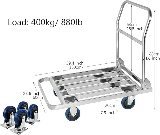 Heavy-Duty Foldable Dolly Trolley - Stainless Steel Flatbed Cart for Easy Transport of Luggage, Supplies, and Equipment 60 * 100