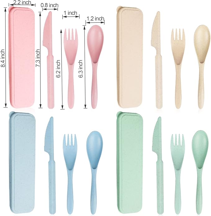 Reusable Travel Utensils Set with Case, 4 Sets Wheat Straw Portable Knife Fork Spoons Tableware, Eco-Friendly BPA Free Cutlery for Kids Adults Picnic Camping Utensils(Green, Beige, Pink, Blue)