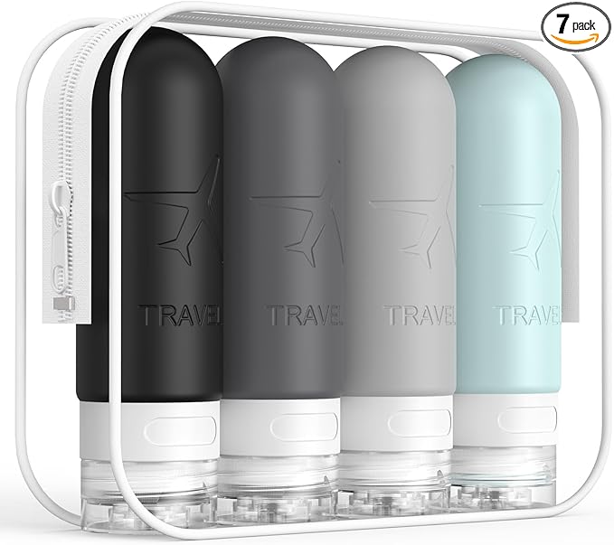 ME.FAN Travel Bottles for Toiletries, TSA Approved 3oz Travel Size Containers, Silicone Squeezable Portable Split Bottle, Travel Accessories for Conditioner, Shampoo, Lotion- 4 Pack Gery