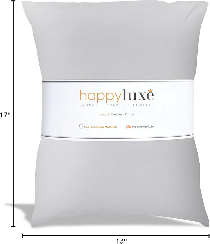 Happyluxe Odyssey Travel Pillow for Long Flights - Soft, Small, Alternative to Down and Memory Foam. 17 x 13in - Made in The USA, Silver Gray Airplane Pillow for Adults Sleeping, Camping or Nap
