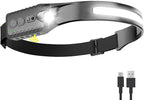 Rechargeable LED Headlamp (Gray), 400 Lumens, 230° Wide Beam, USB-C, IPX4, 5 Modes — Lightweight, Adjustable Headband; Hard Hat Clips for Camping, Hiking, Running & Repairs