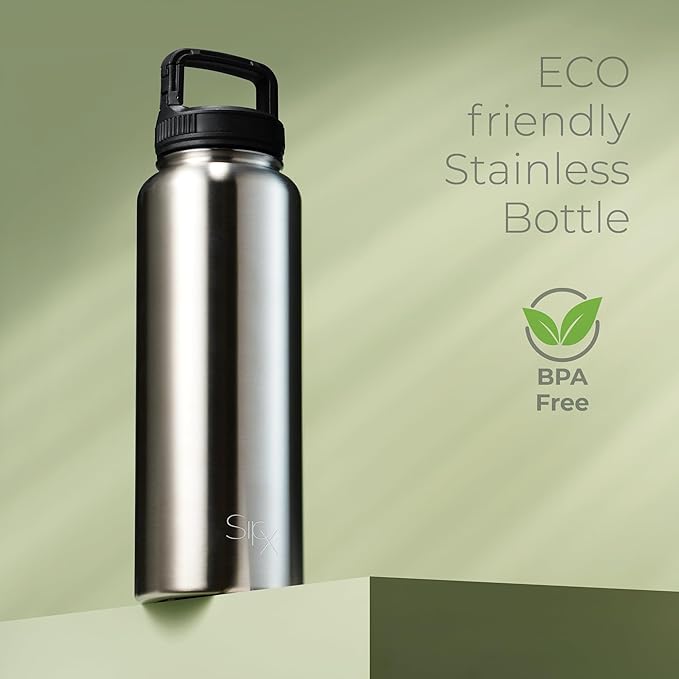 SipX™ Triple-Insulated Stainless Steel Water Bottle 40oz. With 3 Lids, BPA-Free Reusable Insulated Water Bottle Keeps Cold 24 Hours, Metal Water Bottle Made Of Sustainable Material For Hiking & Biking