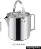 Camping Tea Kettle, Portable 1.2L Coffee Pot, Outdoors Camping Pot, with Handles and with Lids for Camping Hiking Picnic Camping, Backpacking, Silver