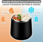 20oz Insulated Vacuum Food Jar with Buckle Lid,Soup Thermo for Hot Food Kids,Wide Mouth Leakproof Stainless Steel Lunch Container with Spoon-Black