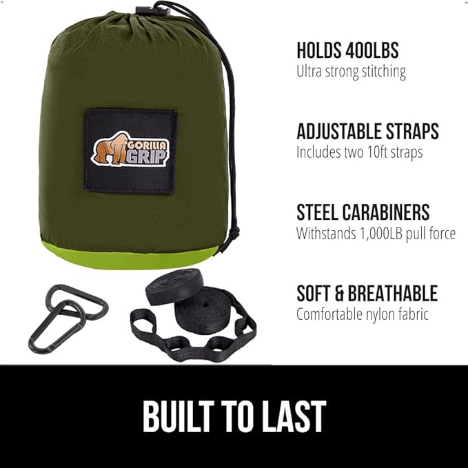 GORILLA GRIP Durable Portable Camping Hammock, Holds 400lbs with Heavy Duty Tree Straps, Comfortable Travel Swing, Camp Hammocks, Easy to Use and Install, Outdoor Essentials, Green, 9x4.5 FT