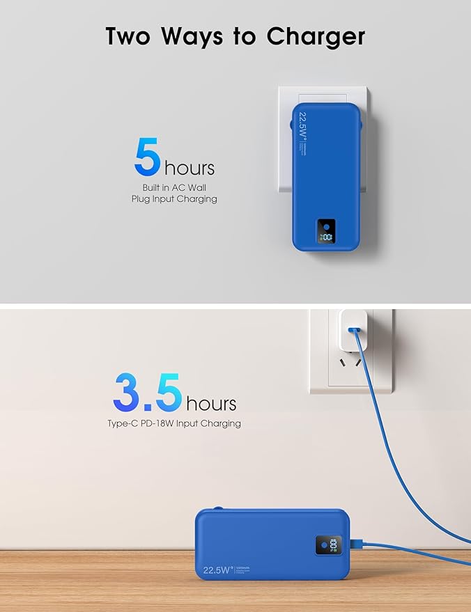 Portable Charger, 12000mAh 22.5W Fast Charging Power Bank with Built-in Cables & Wall Plug, Travel Essential Battery Pack with LED Display, USB C Battery Phone Charger for iPhone, iPad, Samsung Navy