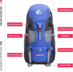 Bseash 50L Hiking Backpack, Water Resistant Lightweight Outdoor Sport Daypack Travel Bag for Camping Climbing Skiing Cycling (Blue - No Shoe Compartment)