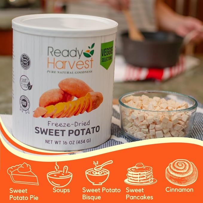 Ready Harvest Freeze Dried Food - Sweet Potatoes | Emergency Food | Pantry Staples | #10 Can | 25-Year Shelf Life | Cans Filled to the Top