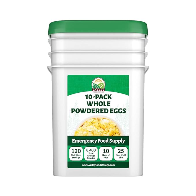 Freeze Dried Whole Powdered Eggs 10-Bag Bucket, 63.5 Oz | Premium Emergency Food Supply 25 Year Shelf Life | Non-GMO Prepper Supplies, Survival Food, Off Grid Living Supplies | Valley Food Storage