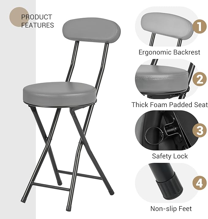 Cushioned Padded Folding Stools, Folding Bar Stool with Backrest, 220lb Capacity, 19 Inch Collapsible Round Portable Foldable Chair for Outdoor Indoor Kitchen Camping Fishing (Grey, 2 Pack)