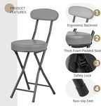 Cushioned Padded Folding Stools, Folding Bar Stool with Backrest, 220lb Capacity, 19 Inch Collapsible Round Portable Foldable Chair for Outdoor Indoor Kitchen Camping Fishing (Grey, 2 Pack)