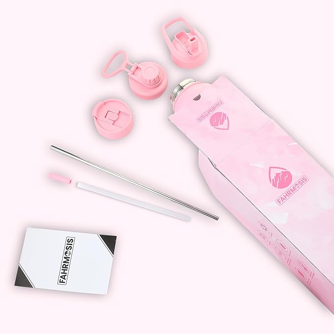 40 Oz Water Bottle with Straw Stainless Steel Sports Water Bottle with 3 Lids (Straw, Chug and Flip Lid) Insulated Leak Proof Metal Jug for Men & Women - Pink