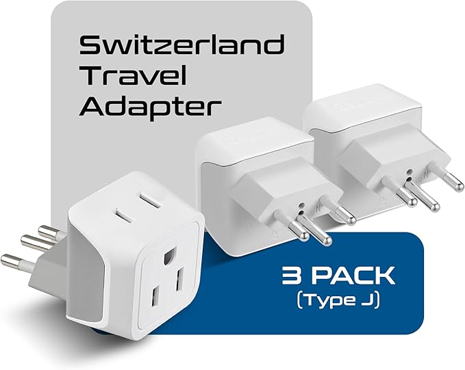 Ceptics Switzerland Travel Adapter Plug with Dual USA Input - Power - Type J (3 Pack) - Ultra Compact - Safe Grounded Perfect for Cell Phones, Laptops, Camera Chargers and More (CT-11A)
