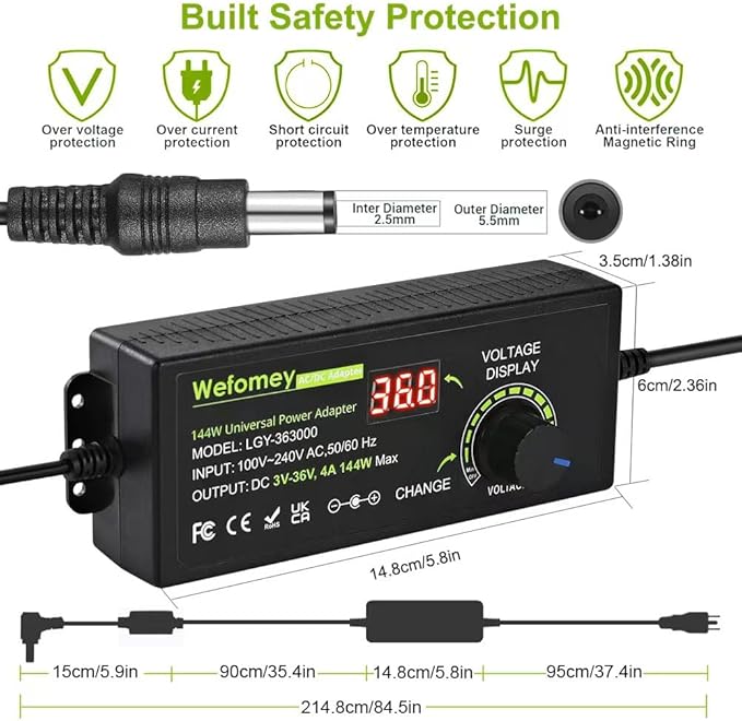 Universal Power Supply 3V~36V 4A 144W Adjustable Variable 3V 5V 9V 12V 24V 30V 36V AC/DC Adapter Charger, 100V-240V AC to DC Converter with 14 Tips, Polarity Converter and 4-Way Power Splitter Cable