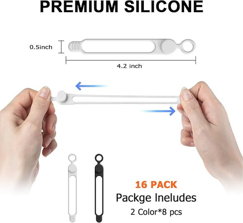 16Pcs 4.2" Silicone Cable Ties Cord Organizer for Cable Management, Reusable Cable Organizer Electronic Accessories in Home,Office,Kitchen,School,Travel(Black*8 & White*8)