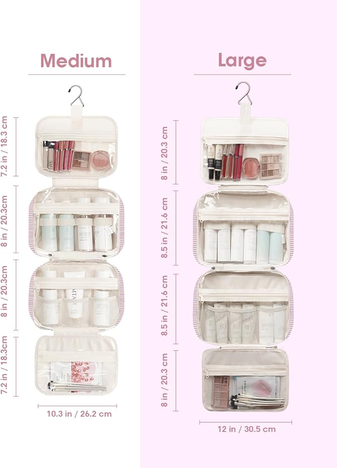 Narwey Striped Hanging Toiletry Bag for Women Travel Makeup Bag Organizer Toiletries Bag for Travel Size Essentials Accessories Cosmetics (Dusty Pink Stripe (Medium))