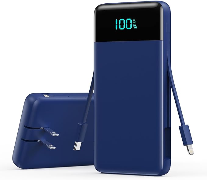 Portable Charger 13800mAh for iPhone with Built-in Cables & AC Wall Plug,5-in-1 USB-C Power Bank,LCD Display External Battery Pack Phone Charger Compatible with iPhone 16/15/14,Android (Dark Blue)