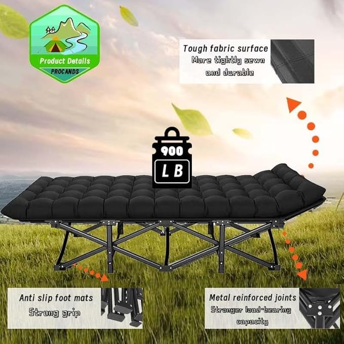 Oversized XXL Camping Cot, Folding Cot Camping Cots for Adults Portable Folding Outdoor Bed with Mat and Carry Bag, Heavy Duty Sleeping Cots for Outdoor Travel Camp Beach Vacation (Black)