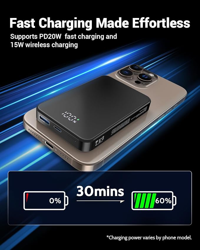 for Magsafe Portable Charger, Aluminum Alloy Small 10000mAh 20W PD Magnetic Power Bank, USB-C in&Out Wireless Battery Pack Phone Charger for iPhone 17/16/15/14/13/12 Plus Pro Max Series -Black