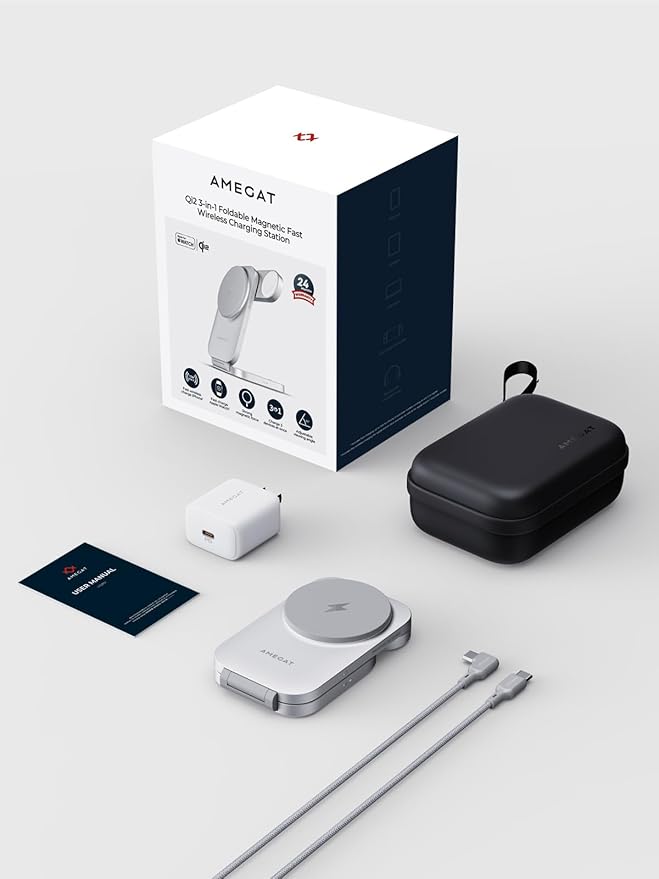 MagFusion Z 3-in-1 Charging Station Compatible with MagSafe, 15W Wireless Charger Foldable Qi2 Certified, Magnetic Charger for iPhone 17/16/15/14/13/12, AirPods 4/3/2/Pro, Apple Watch, Silver