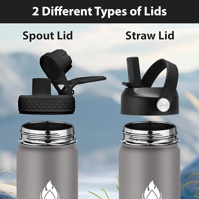 SENDESTAR Stainless Steel Water Bottle, Wide Mouth Water Bottle 40 oz with Straw Lid, Spout Lid, Double Wall Vacuum Insulated Leak Proof, Keeps Liquids Hot or Cold (Gray)