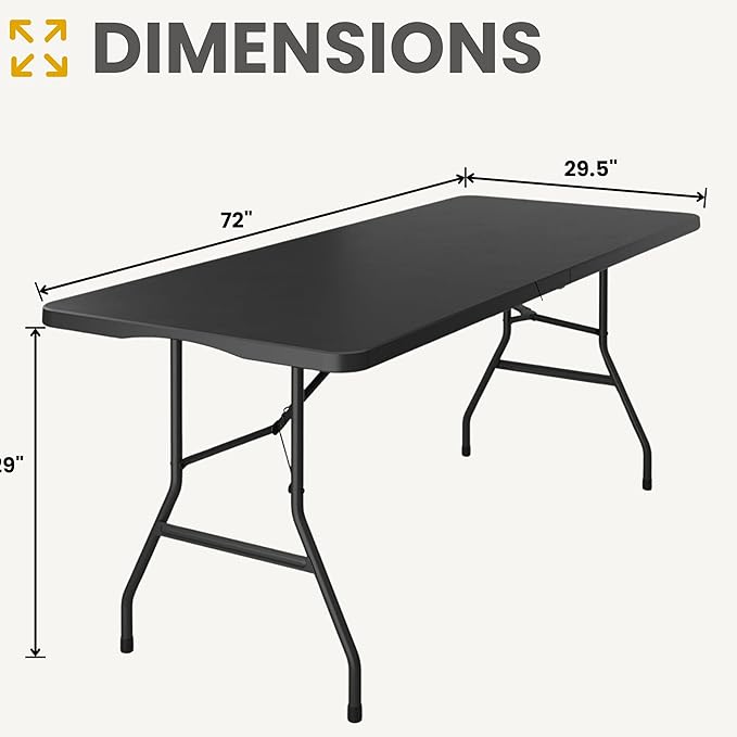 BTEXPERT Set of 5, Fold-in-Half Folding Utility Table 6 Feet 72"x 29.5" Lightweight Portable Carrying Handle Indoor Outdoor Picnic Camping Office Home Party Wedding Event Easy to Clean Store Black
