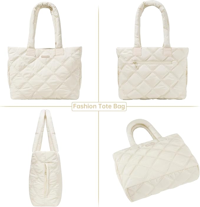 Puffer Tote Bag for Women, Quilted Bag with Zipper, Small Tote HandBags for Work, Travel