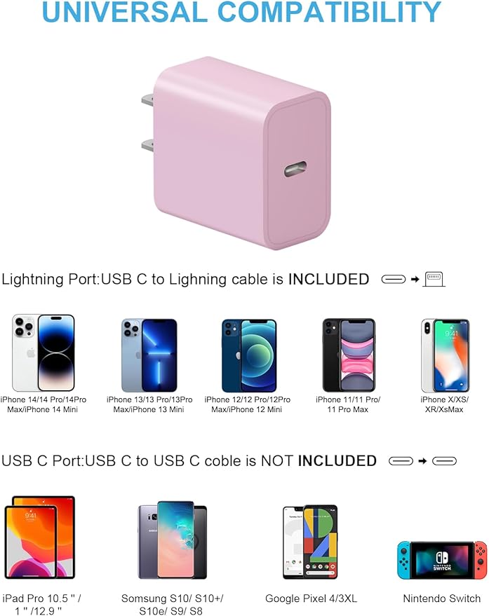 10FT iPhone 14 13 12 Charger Fast Charging 20W PD USB C Wall Charger with 10FT Fast Charging Cable Compatible iPhone 14/13/12/11/Pro/Pro Max/Mini/Xs Max/XR/X, iPad - Pink