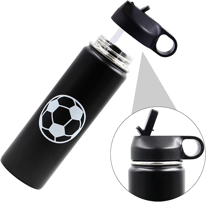 22 oz Soccer Water Bottle, Sports Flask Metal Thermo Travel Tumbler with 2 Lids, BPA Free 18/8 Stainless Steel Leak Proof Double Wall Vacuum Insulated Water Bottles, Soccer Gifts for Boys Girls Player
