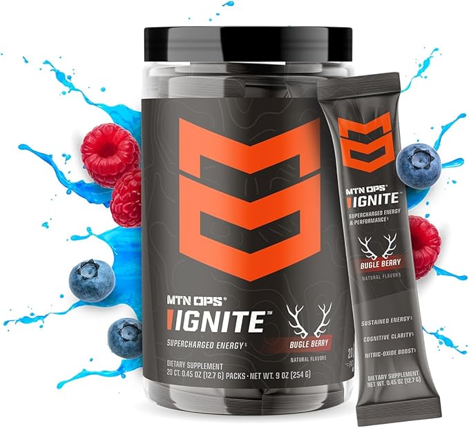 MTN OPS Ignite Trail Packs Energy Drink Powder, Gluten Free Nootropic Supplement Drink Mix, L Arginine, L Citrulline, Caffeine & Nootropic Sugar Free Drink Mix, 20 Servings, Bugle Berry
