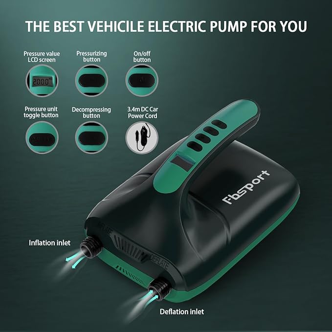 FBSPORT 20PSI High Pressure SUP Vehicle Electric Air Pump, Inflation Paddle Board Pump for Stand Up Paddle Boards, Inflation & Deflation Function Quick Air Inflator for Paddleboards
