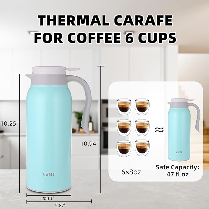 GiNT 51 Oz Stainless Steel Thermal Coffee Carafe, Double Walled Vacuum Insulated Flask, 12 Hour Heat Retention, 1.5 Liter Tea, Water, and Coffee Dispenser (Upgraded version Blue)