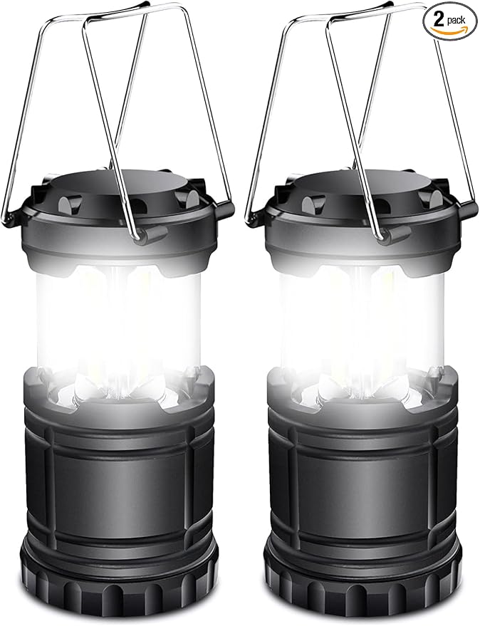EXTRASTAR 2 Pack LED Battery Operated Lights, Portable Survival Battery Powered Lamp, Camping Lantern, Suitable for Hurricane, Emergency, Storm, Outages, Outdoor Collapsible Lanterns, Black