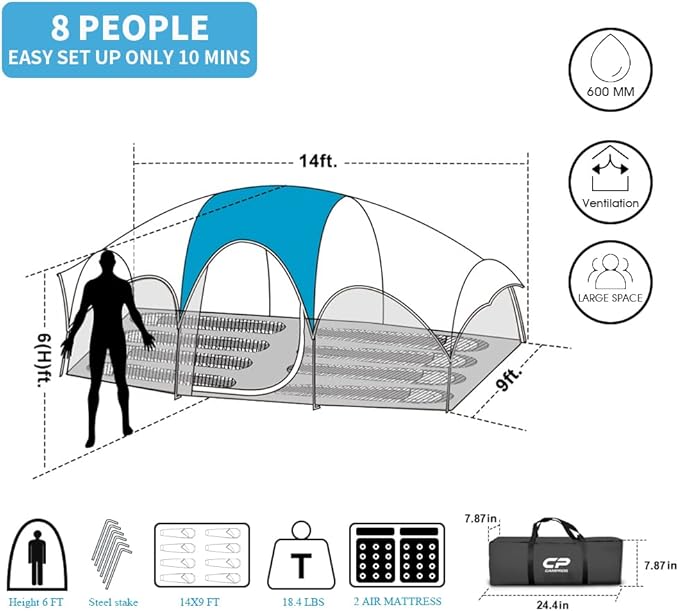 CAMPROS CP Tent 8 Person Camping Tents, Weather Resistant Family Tent, 5 Large Mesh Windows, Double Layer, Divided Curtain for Separated Room, Portable with Carry Bag