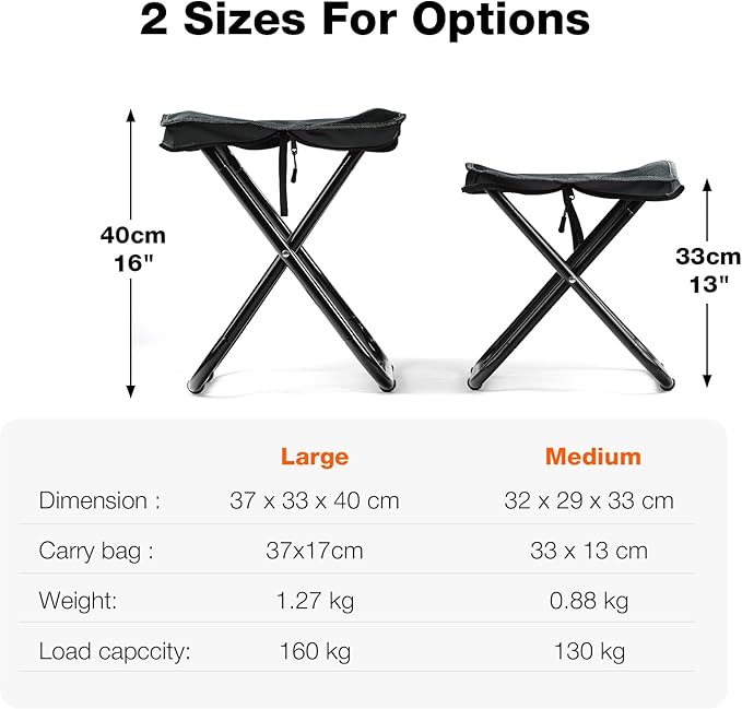 16" Foldable Portable Camping Stool Heavy Duty 350lbs for Adults Hiking, Lightweight Travel Stool with Carry Bag, Black