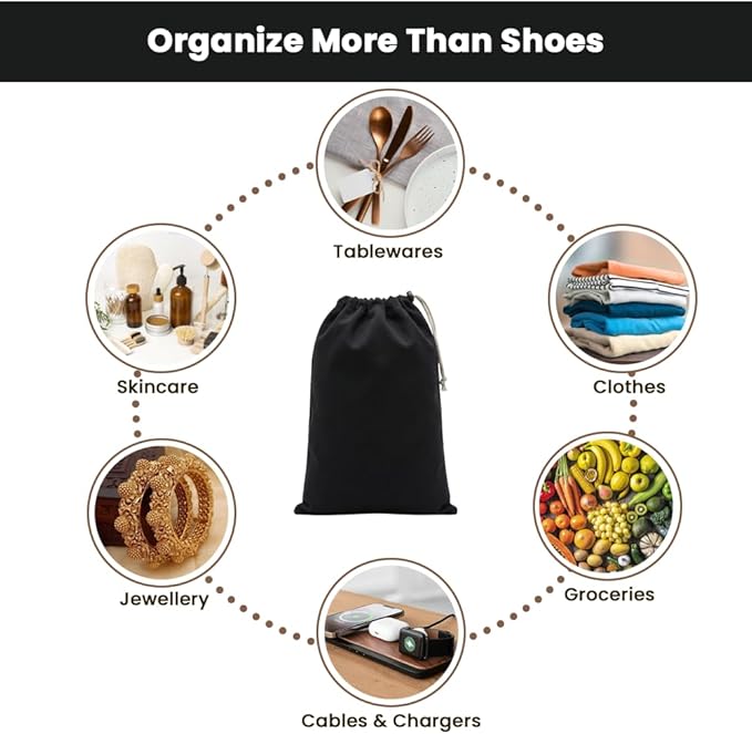LFH Cotton Rich Shoe Storage Bags with Drawstring, Dustproof Breathable Reusable Organizer, Perfect For Travel, Dorm, Hotel, College, Gym, Machine Washable 8"x17" (Pack of 6) - Black sand