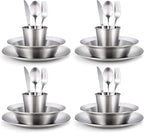 Odoland Stainless Steel Camping Mess Kit for Family & Person, Cooking Tableware Utensils with Plates Bowls Forks Spoons Knives & Savings Bag for Camping, Backpacking, Hiking, Picnic