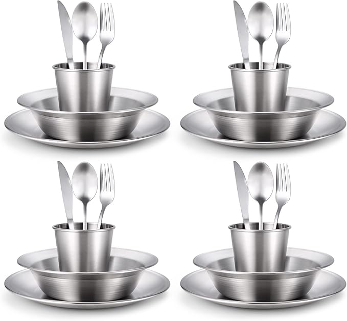 Odoland Stainless Steel Camping Mess Kit for Family & Person, Cooking Tableware Utensils with Plates Bowls Forks Spoons Knives & Savings Bag for Camping, Backpacking, Hiking, Picnic
