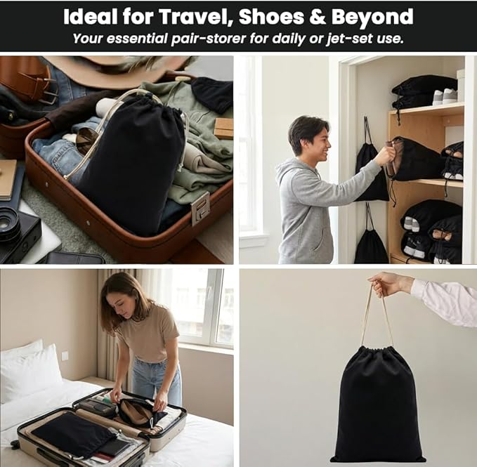 LFH Cotton Rich Shoe Storage Bags with Drawstring, Dustproof Breathable Reusable Organizer, Perfect For Travel, Dorm, Hotel, College, Gym, Machine Washable 12"x17" (Pack of 4) - Black sand