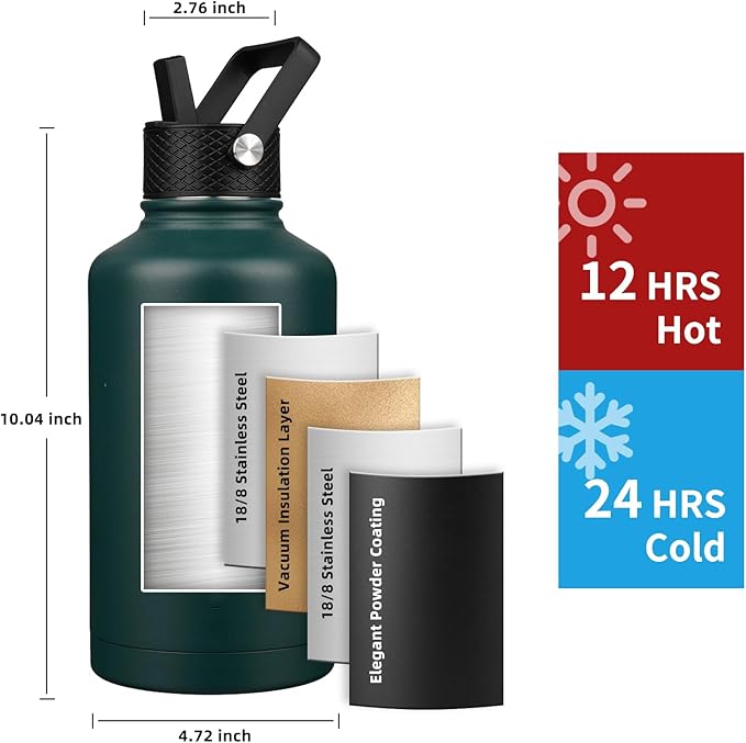 Insulated Water Bottle 64oz,Triple Wall Vacuum Stainless Steel(Dishwasher Safe),Leak Proof & Non-BPA,Flask Jug with Paracord Handle & Straw Spout Lids Sports Green