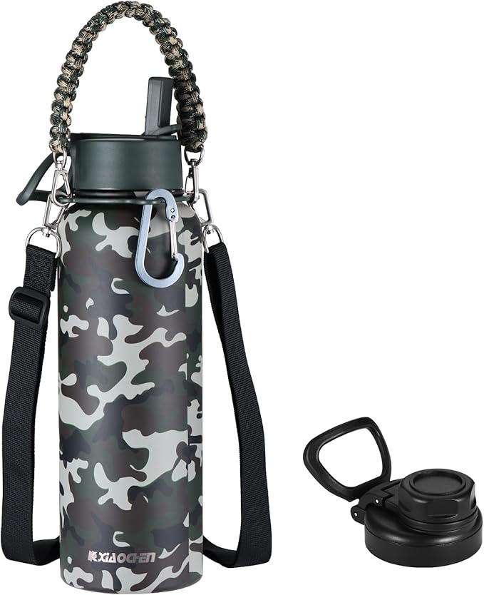 KXIAOCHEN Insulated Water Bottle, Stainless Steel Water Bottle, 2 Lids (Straw and Handle Lid),Wide Mouth Metal Water Bottles Keep Hot and Cold, Double Walled, Thermo Mug, Metal Canteen