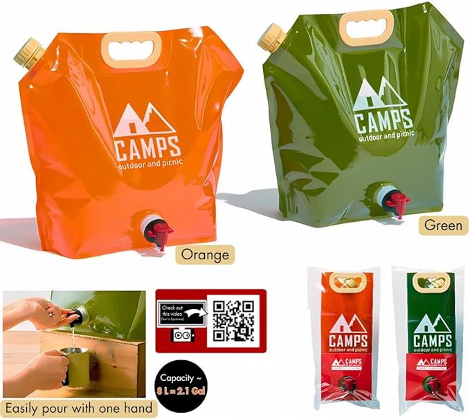 Collapsible Water Container Bag, BPA-Free, Portable, Foldable, 8 Liters/2.1 Gallons, Outdoor, Camping, Hiking, Weather Emergencies, Sports, Survival Kit