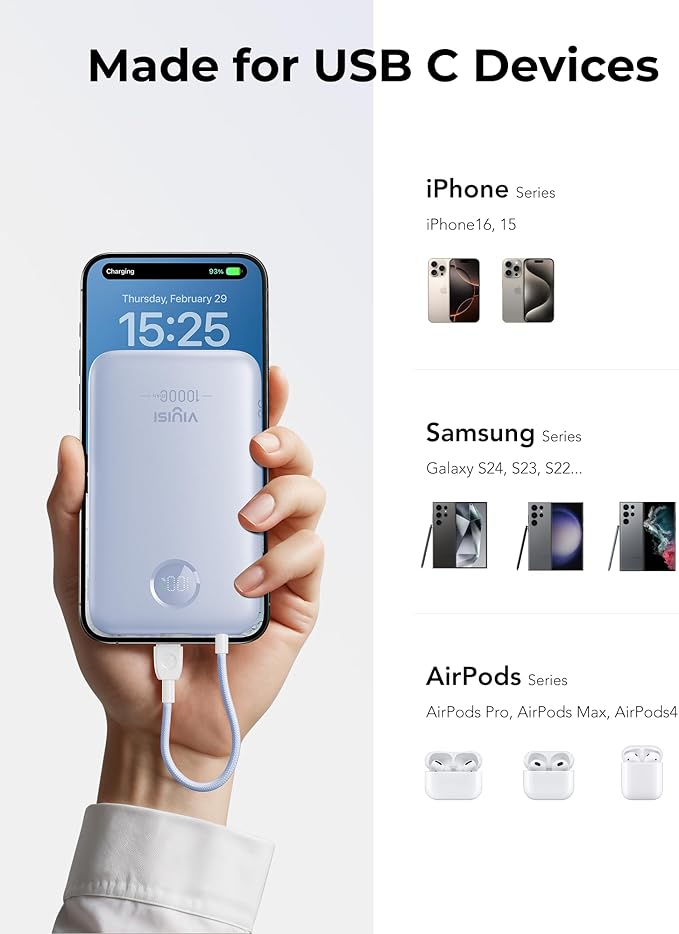Slim Portable Charger 10000mAh, Travel Power Bank with Built-in USB-C Cable & LED Display, 22.5W Fast Charging Battery Pack Compatible with iPhone 16 15 Samsung S24 S23 -Blue
