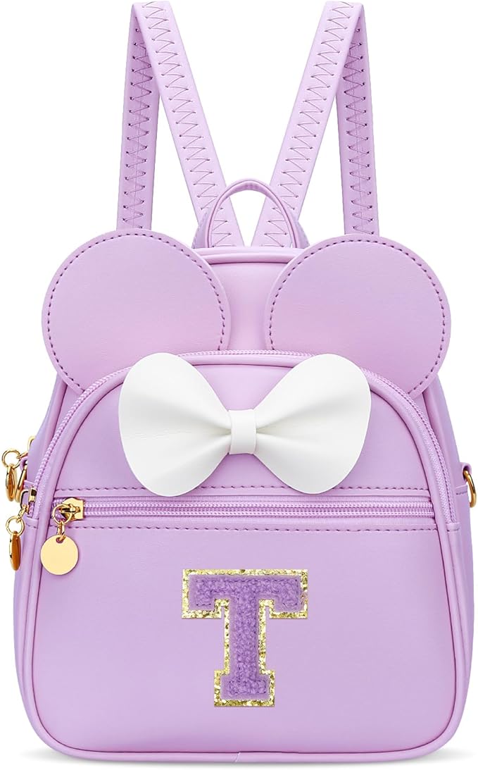 KKXIU Girls Initial Bowknot Cute Mini Backpack for Toddler, Travel Small Girl Backpacks, Personalized Birthday Gifts for Little Girls and Kids(T, Purple)