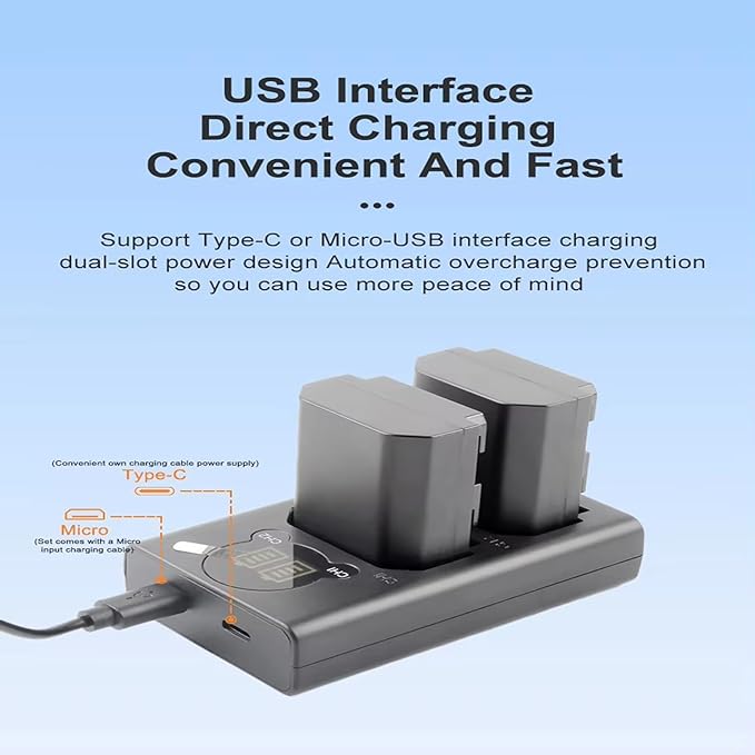 Dual Slot Fast Charger for NP-FZ100 Battery, Compatible with ZV-E1/A7M4/A7M3/A7C/A7R3/A7R4/A6600/A6700, Micro USB and Type-C Dual Charging, Portable Outdoor Design, Efficient Safety Protection
