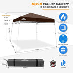EAGLE PEAK 10x10 Slant Leg Pop-up Canopy Tent Easy One Person Setup Instant Outdoor Beach Canopy Folding Portable Sports Shelter 10x10 Base 8x8 Top (Brown)