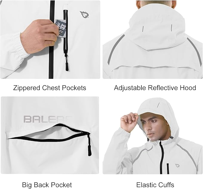 baleaf Men's Rain Jacket Waterproof Windbreaker Raincoat Running Cycling Hiking Gear Hood Lightweight Reflective Packable